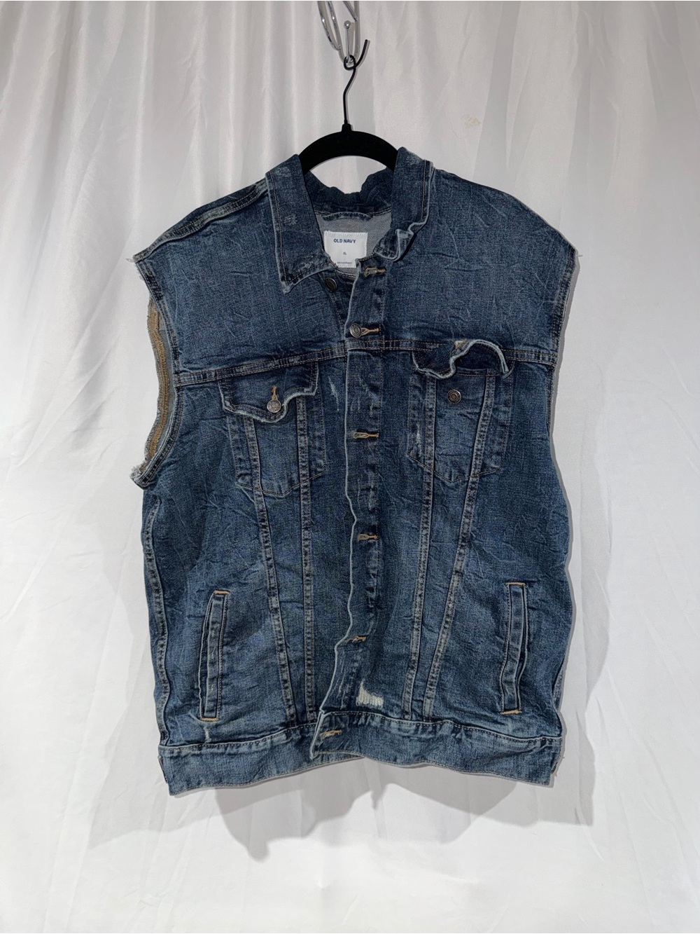 Old Navy Vest Denim Sleeveless Vest Dark Blue Jean Jacket Button Up Distressed